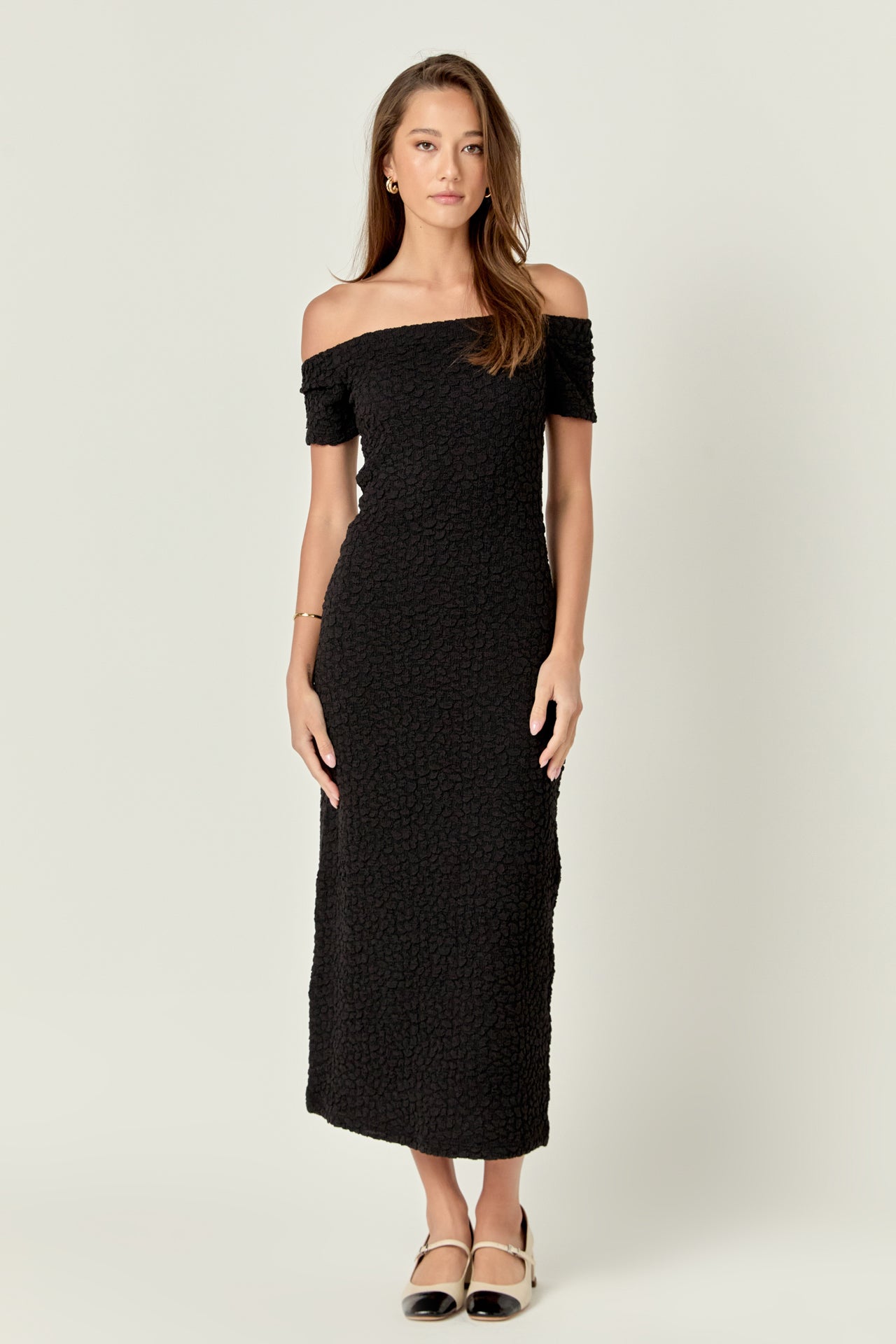 Off-Shoulder Bouclé Knit Midi Dress