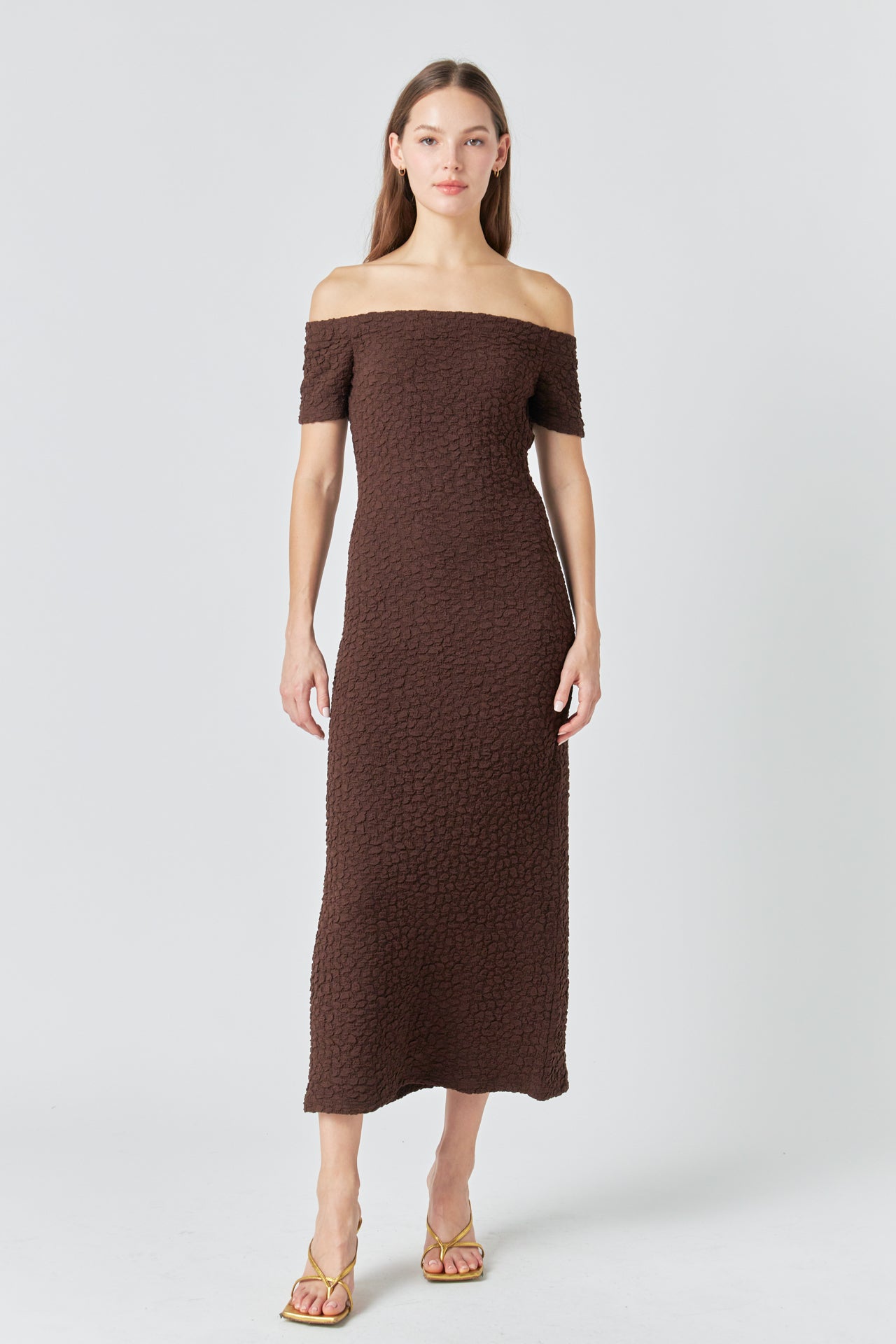 Off-Shoulder Bouclé Knit Midi Dress