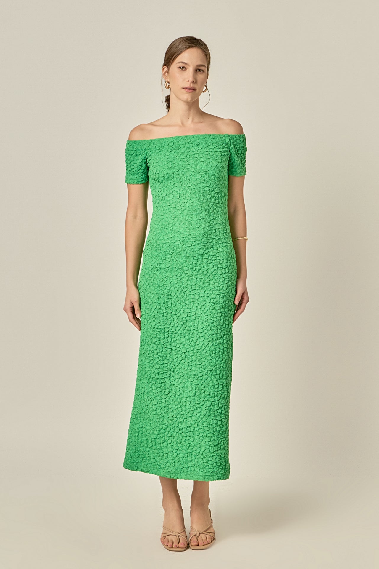Off-Shoulder Bouclé Knit Midi Dress