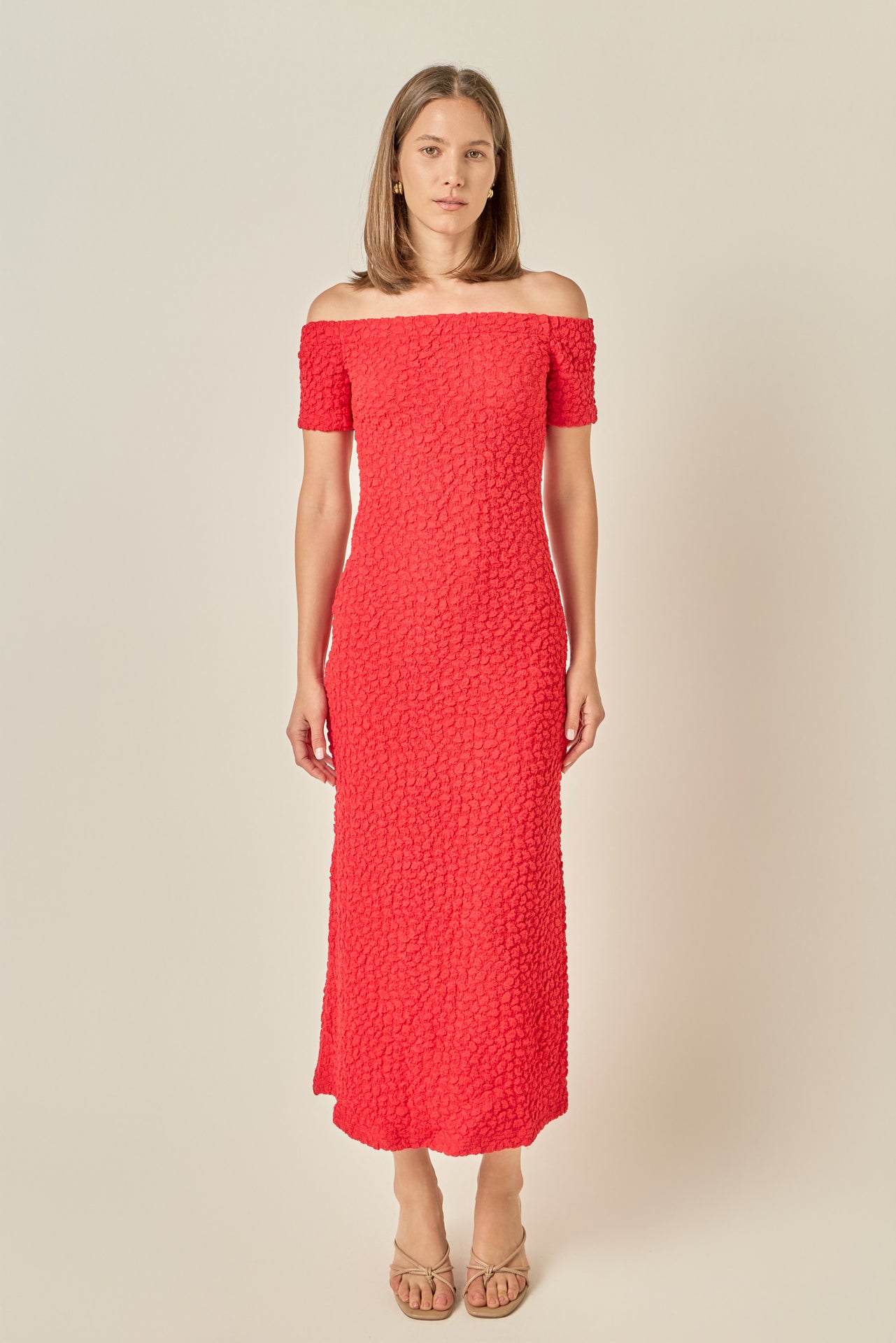 Off-Shoulder Bouclé Knit Midi Dress